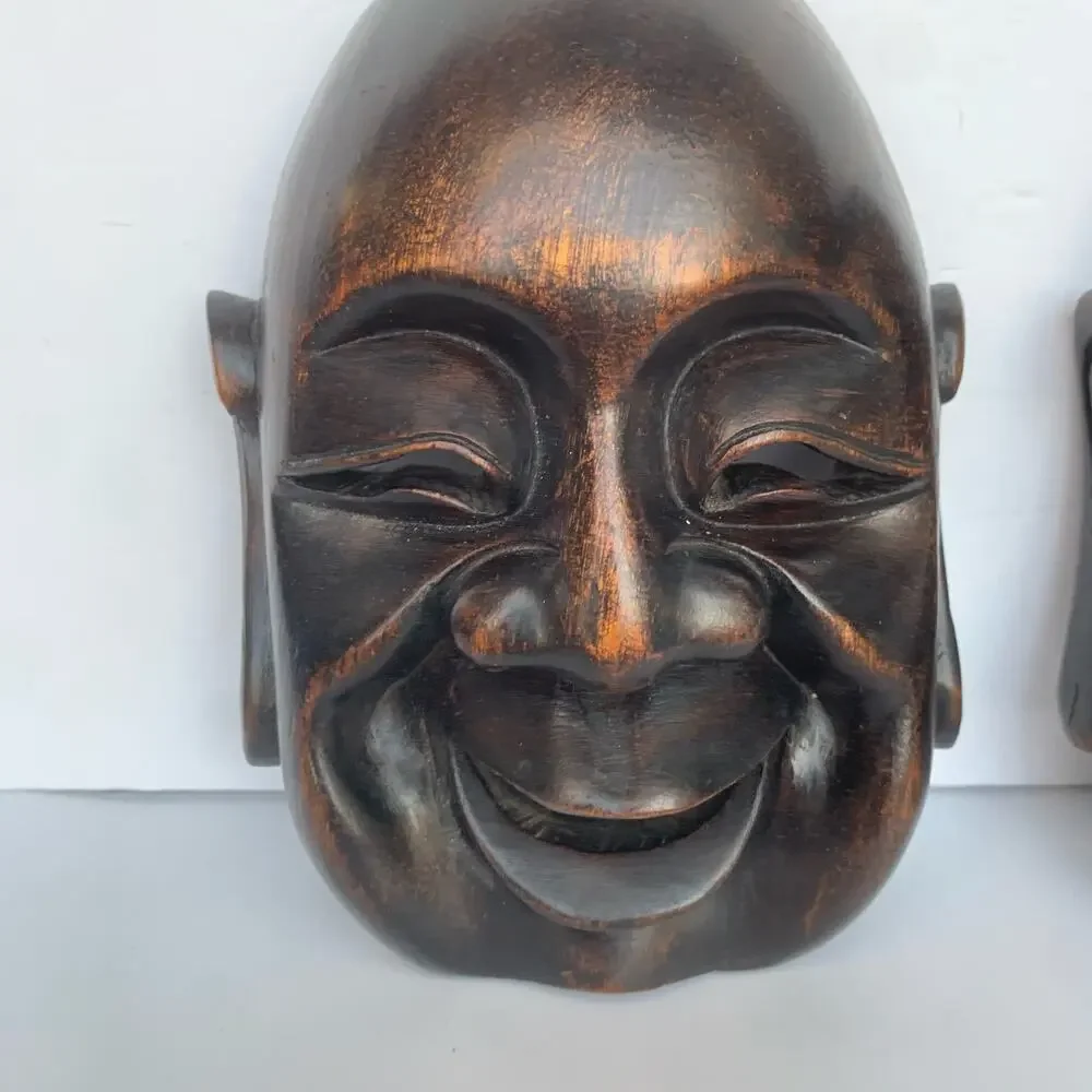 Vintage Mid Century Carved Wood Buddha Masks Wall Art